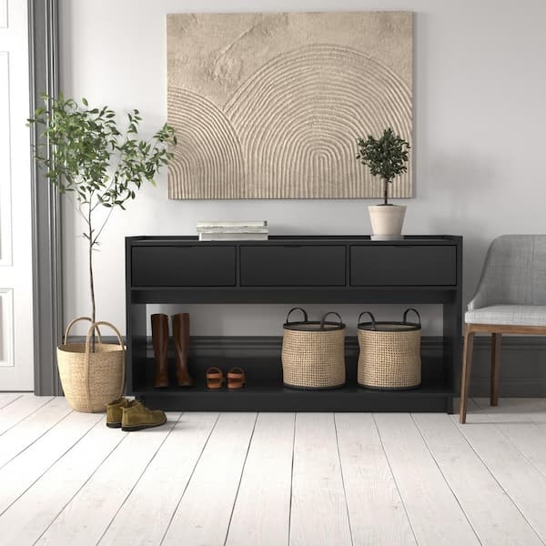 Console Table Matte Black Three Drawers Open Lower Shelf