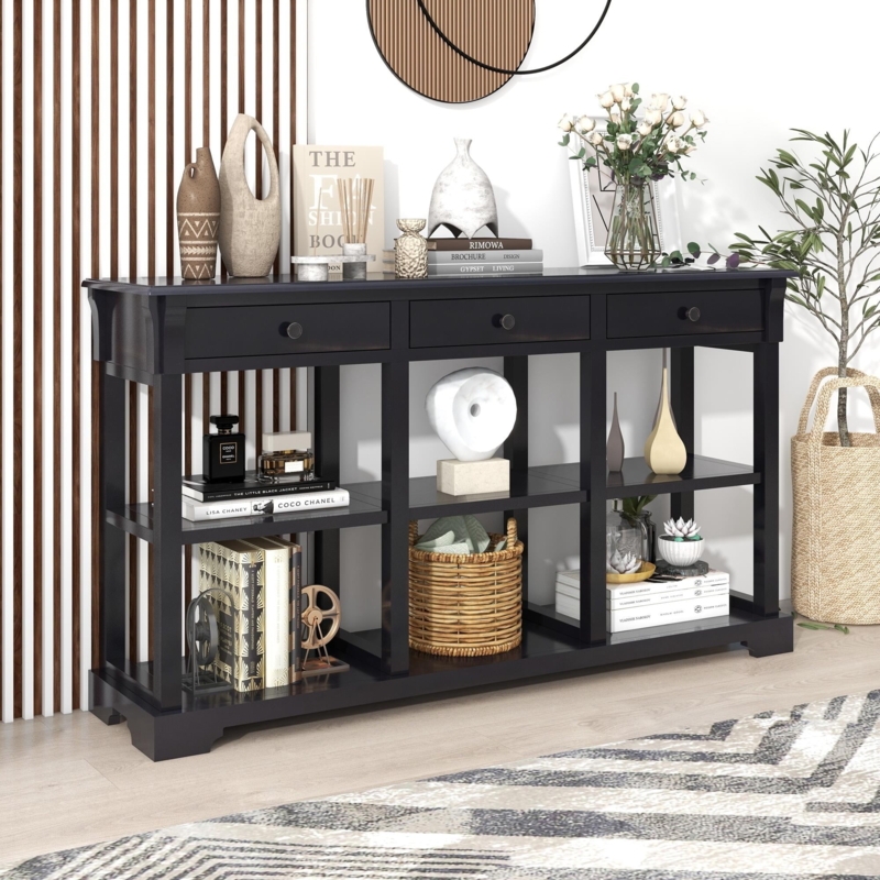 Console Table Matte Black Three Drawers Slatted Sides Modern