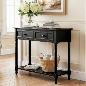 Console Table Matte Black Two Drawers Turned Spindle Legs Farmhouse