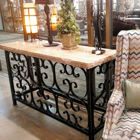 Console Table Mediterranean Scrolled Iron Base Thick Stone Top