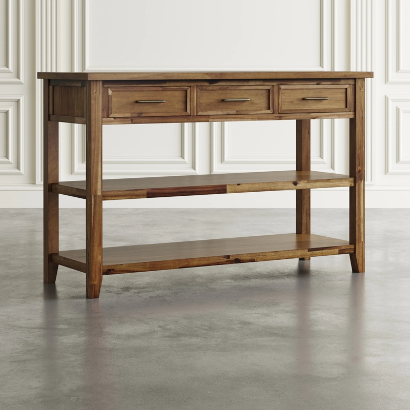 Console Table Medium Brown Three Drawers Two Tier Open Shelves