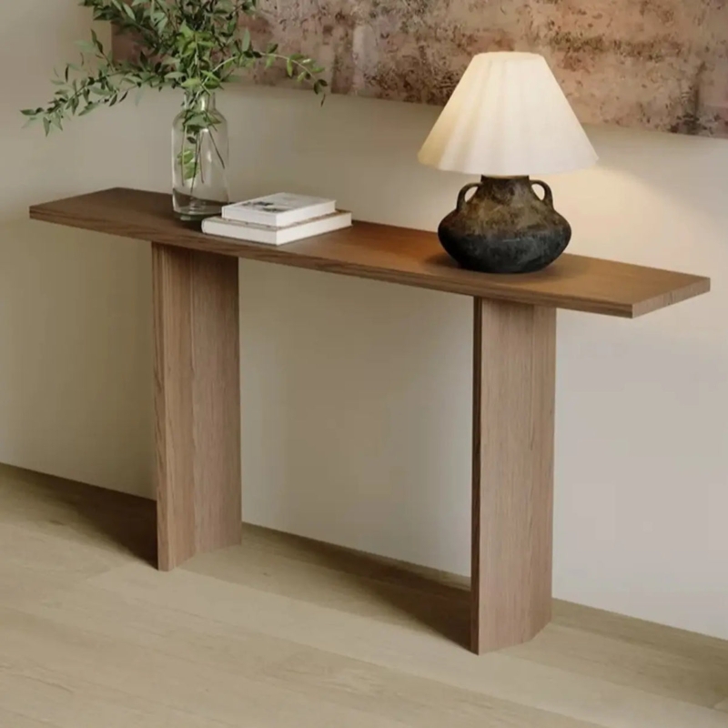 Console Table Medium Brown Wood Grain Slab Legs Slim Profile Sled Base