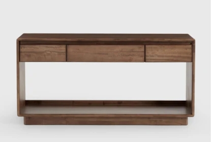 Console Table Medium Brown Wood Three Drawers Open Shelf Minimalist
