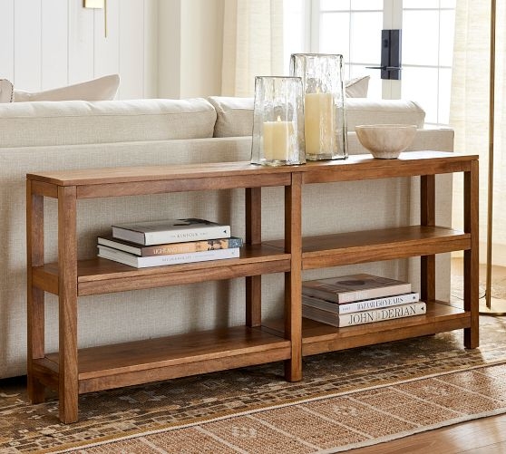 Console Table Medium Brown Wood Three Tier Open Shelving Long