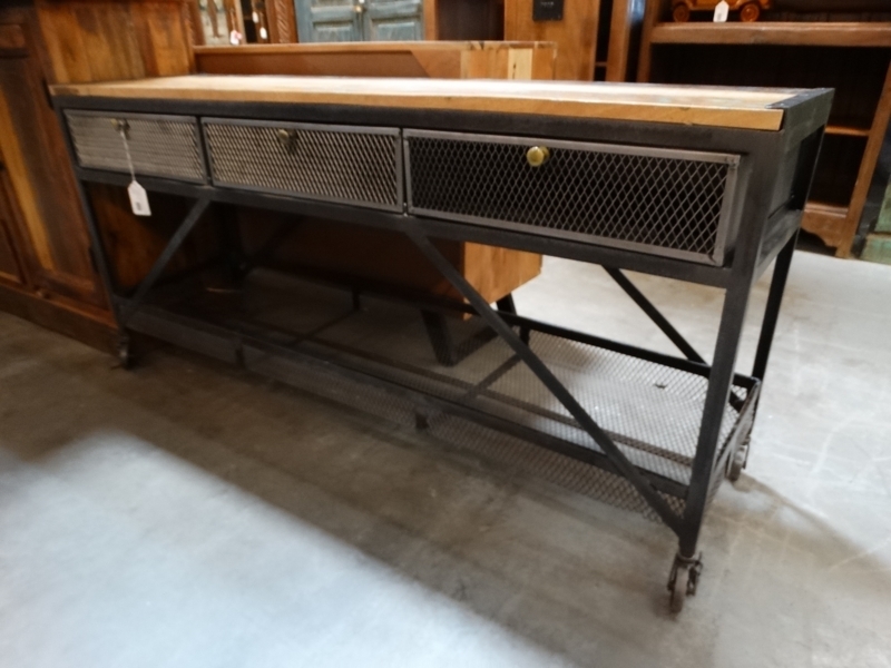 Console Table Mesh Drawers Industrial Casters Slim Metal Profile