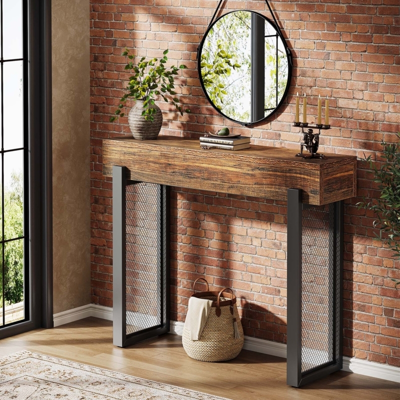 Console Table Mesh Legs Thick Wood Top Narrow Profile Industrial Rustic
