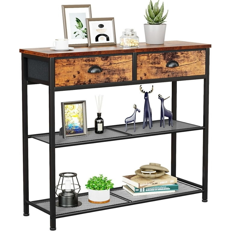 Console Table Mesh Shelves Rustic Brown Industrial Styling