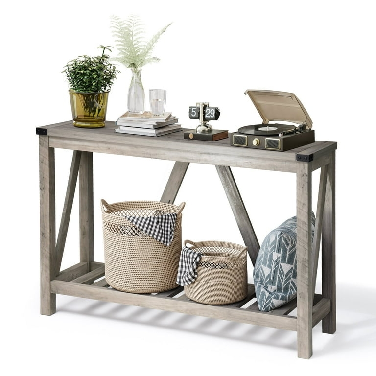 Console Table Metal Corner Accents Rustic Wood X-Frame Sides