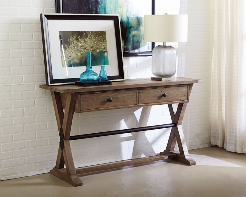 Console Table Metal Stretcher Trestle Base Storage Drawers Wood
