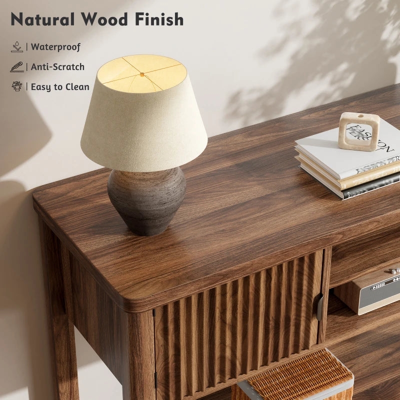 Console Table Mid Century Modern Fluted Door Walnut Finish