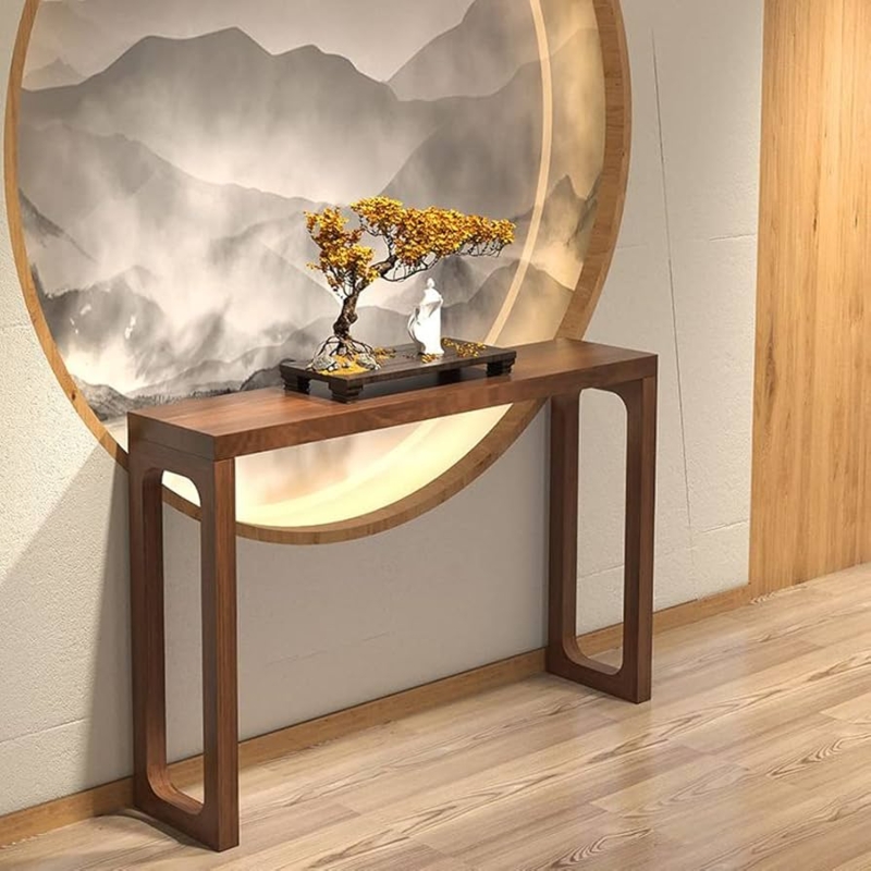 Console Table Minimalist Dark Brown Wood Sled Legs Narrow Profile