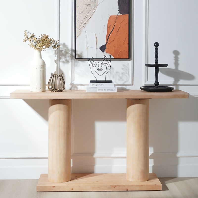 Console Table Minimalist Light Wood Cylindrical Pedestals
