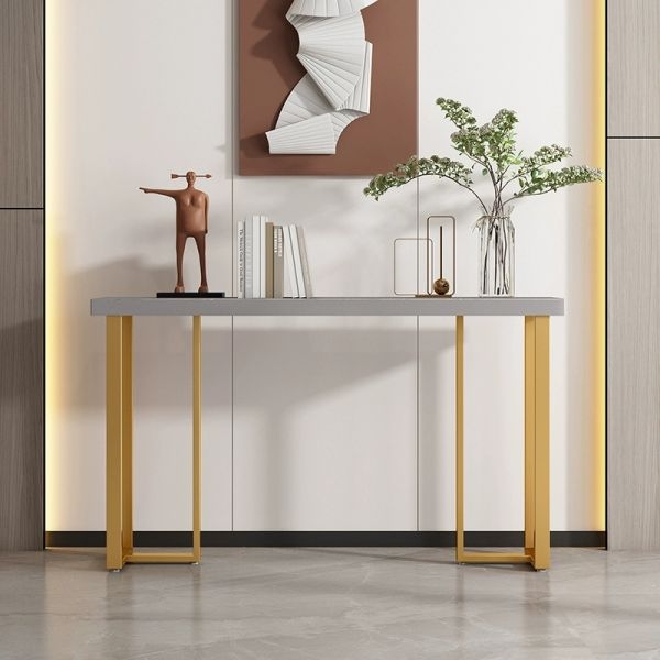 Console Table Minimalist Open Frame Gold Iron Base Stone Top
