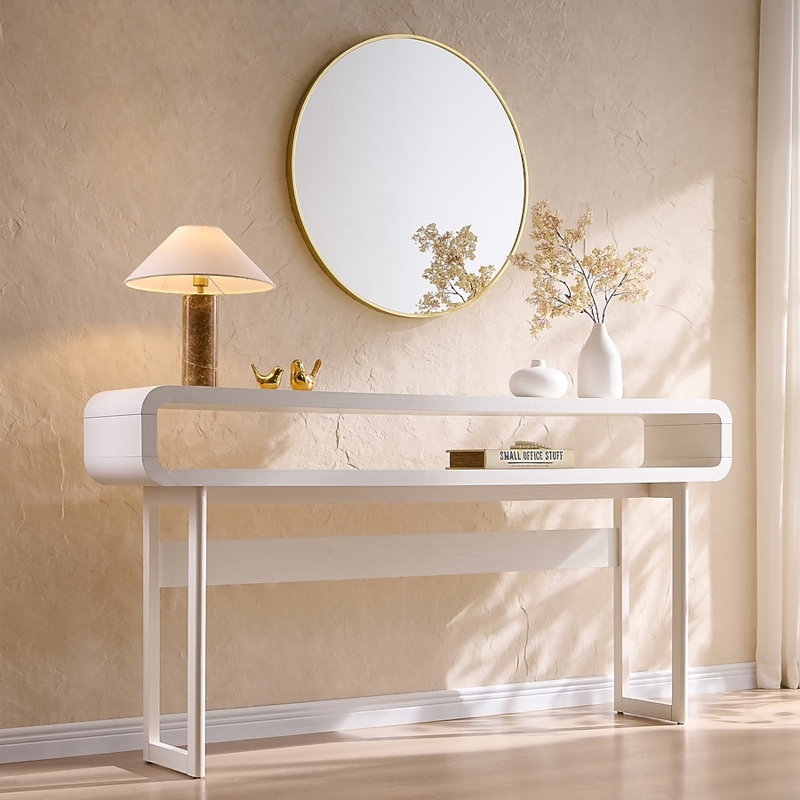 Console Table Minimalist White with Pill-Shaped Shelf