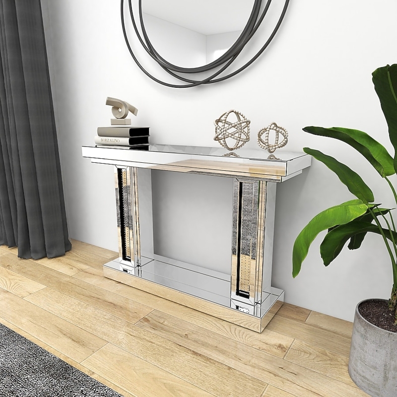 Console Table Mirrored Finish Glitter Inlay Panels Sophisticated