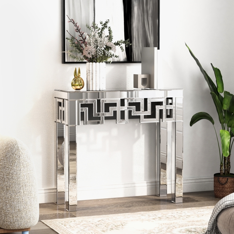 Console Table Mirrored Greek Key Motif Modern Glam