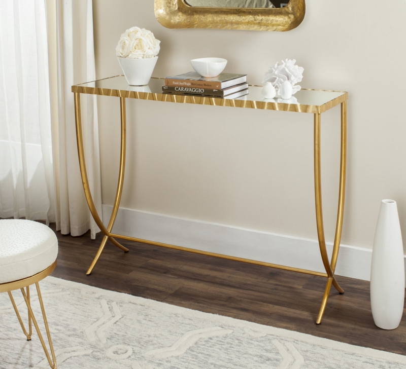 Console Table Mirrored Top Curved Legs Gold Scalloped Apron Glam Style