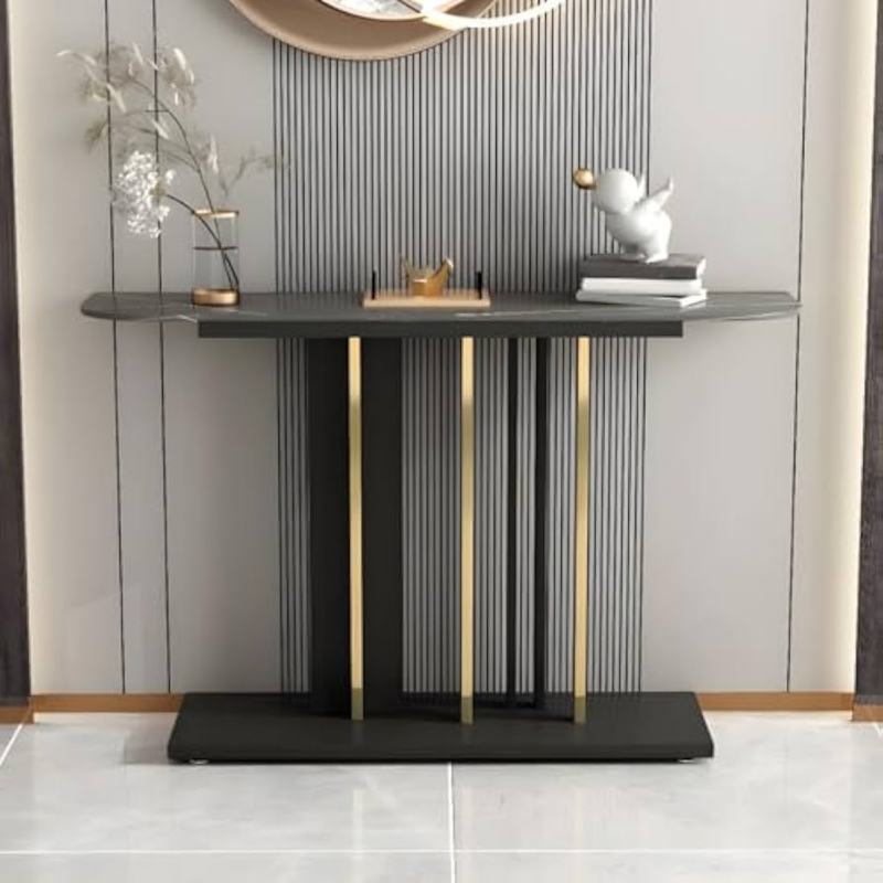 Console Table Modern Black Stone Top Gold Vertical Accents
