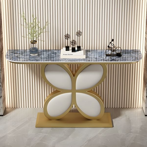 Console Table Modern Glam Blue Stone Top Clover Leaf Base