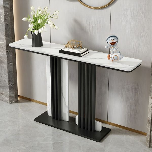 Console Table Modern Mixed Material Base Black Slats Stone Top