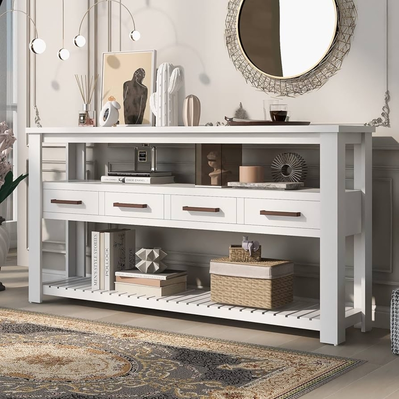 Console Table Modern Slatted Shelf with Four Drawers