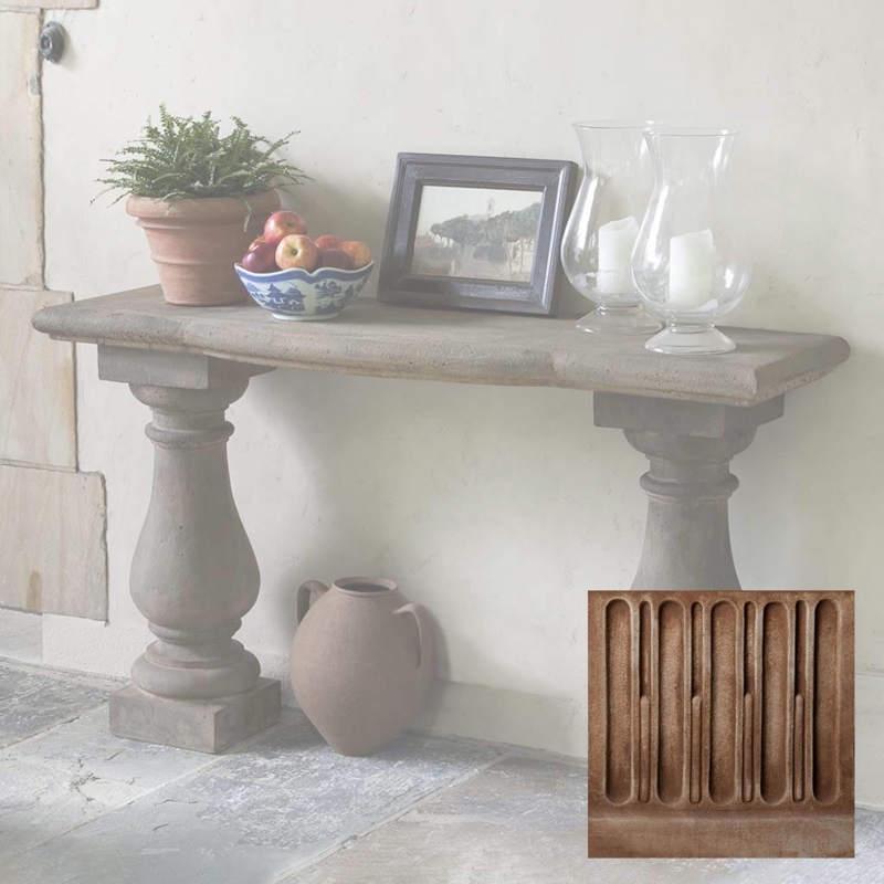 Console Table Mossy Patina Stone Baluster Pedestals Ribbed Detailing Rustic