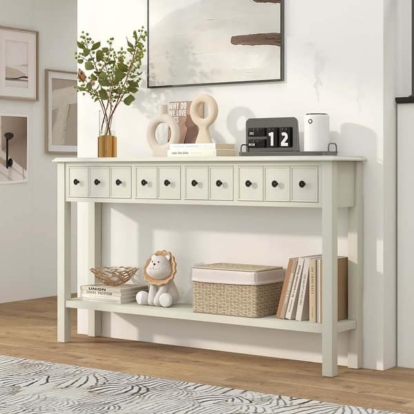 Console Table Multiple Drawers Off White Farmhouse Storage