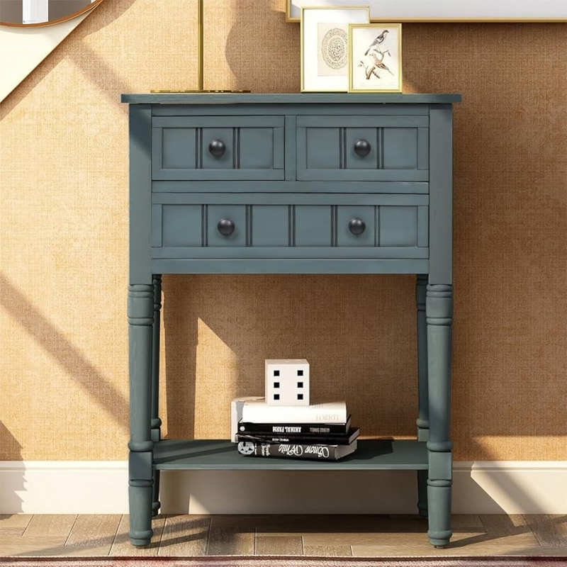 Console Table Muted Teal Turned Legs Paneled Fronts