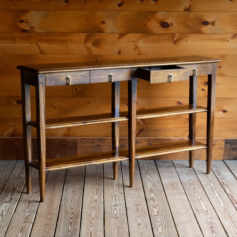 Console Table Narrow Depth Four Drawers Multi Tier Shelving