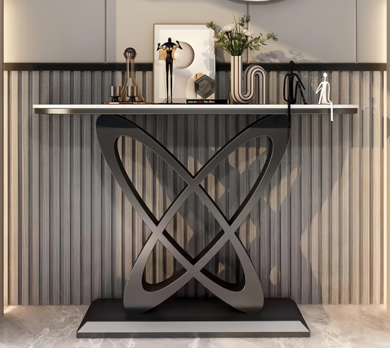Console Table, Narrow Profile with Butterfly Base, Black Metal, White Top.