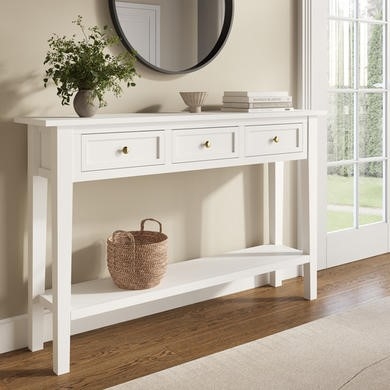 Console Table Narrow Profile with Three Drawers and Gold Knobs