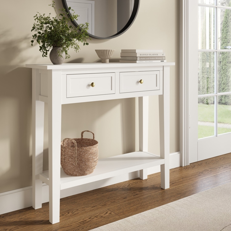 Console Table Narrow Shaker Drawers Gold Knobs Transitional Style