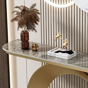 Console Table Narrow Stone Top Sculptural Gold Crescent Base