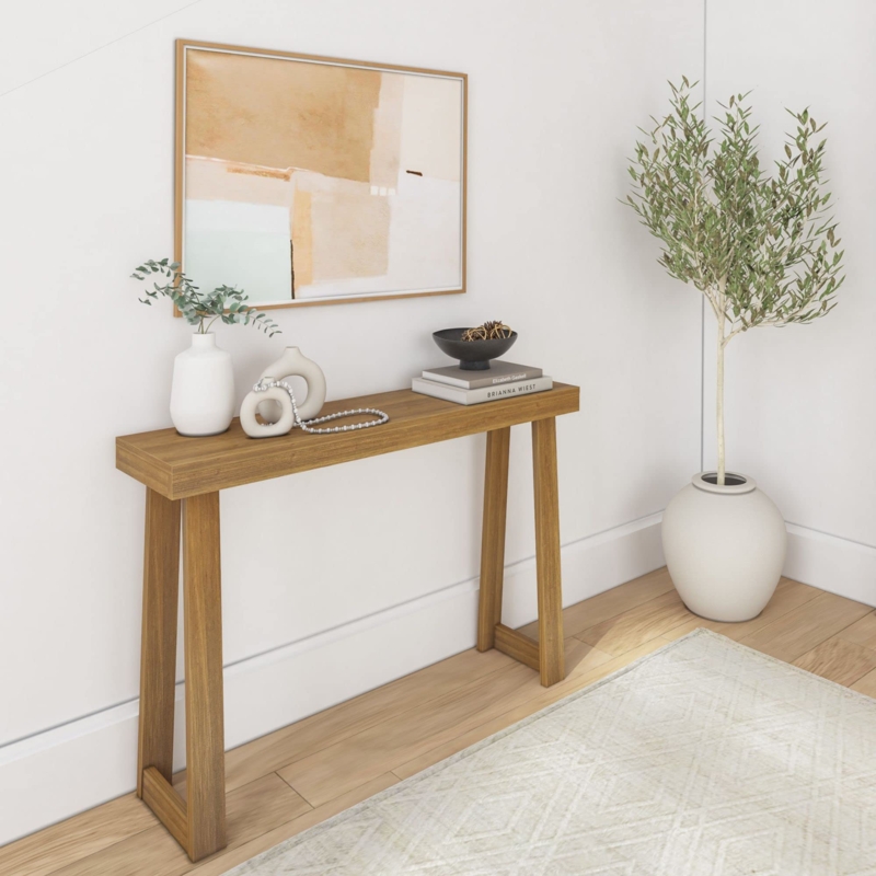 Console Table, Narrow Trestle Legs, Pecan Finish, Minimalist Entryway