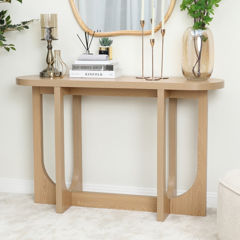 Console Table Natural Wood Arched Leg Cutouts Oval Top