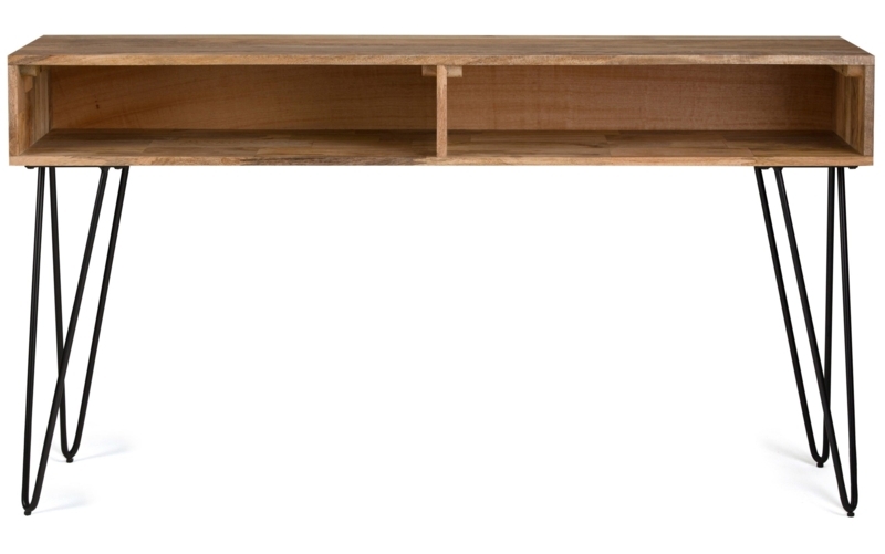 Console Table Natural Wood Hairpin Legs Open Storage Mid-Century