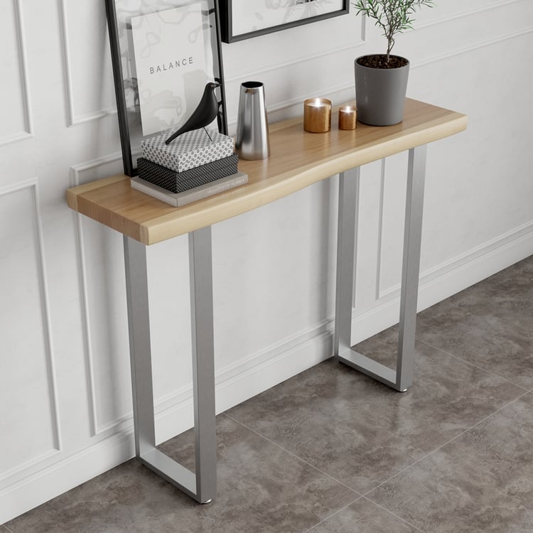 Console Table Natural Wood Thick Top Silver Metal Sled Legs
