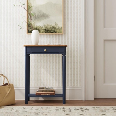 Console Table Navy Blue Base Single Drawer Natural Wood Coastal Styling