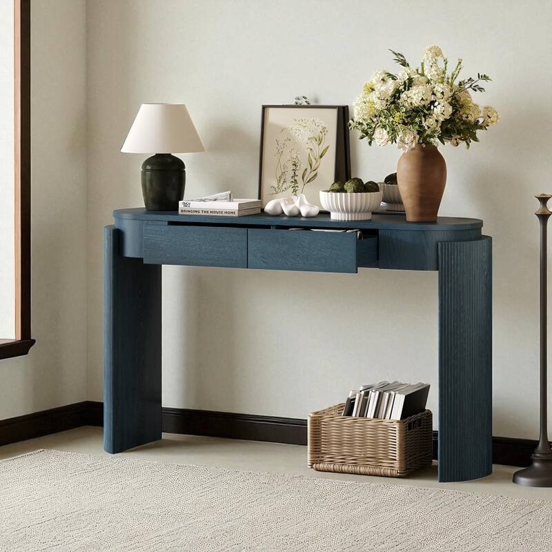 Console Table Navy Blue Finish Fluted Design Curved Sides