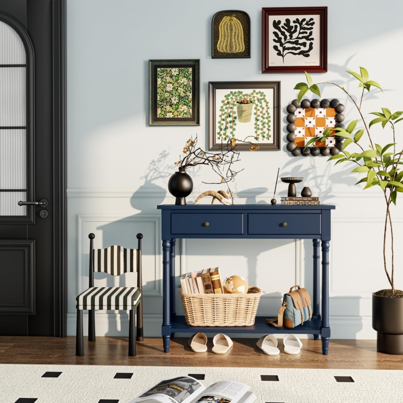 Console Table Navy Blue Finish Turned Legs Gold Knobs Eclectic Style