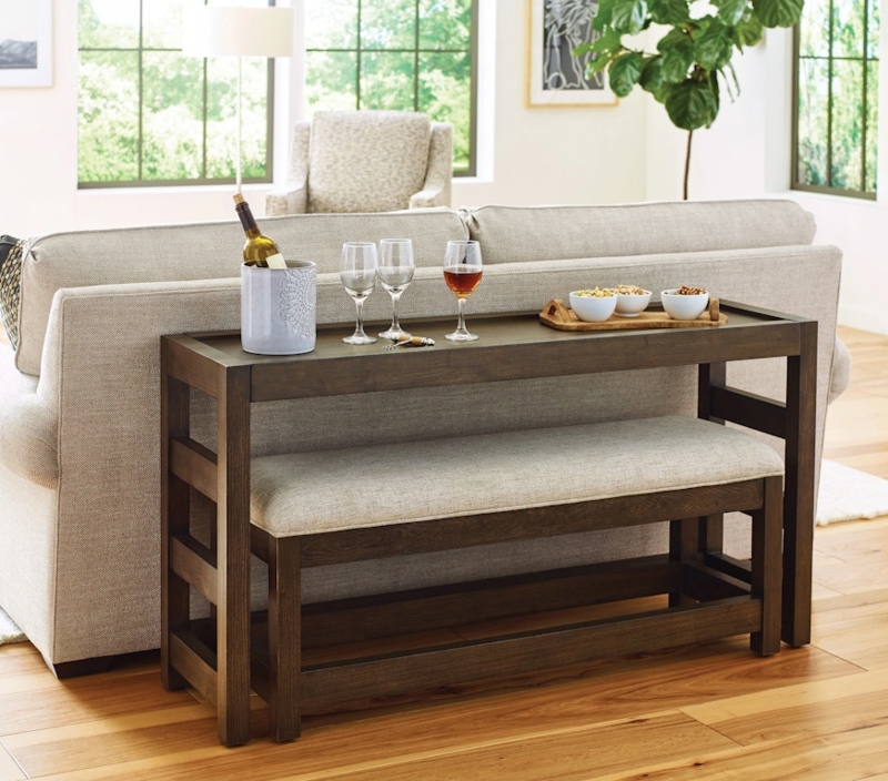 Console Table Nested Bench Dark Wood Finish Transitional Behind Sofa