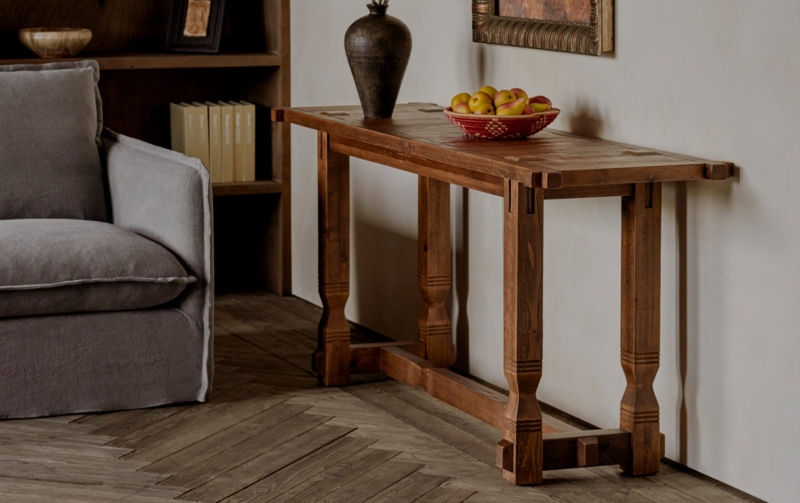 Console Table Notched Joinery Carved Legs Wabi Sabi Artisanal Wood
