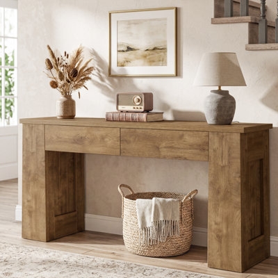Console Table Oak Toned Slab Legs Two Drawer Narrow Depth
