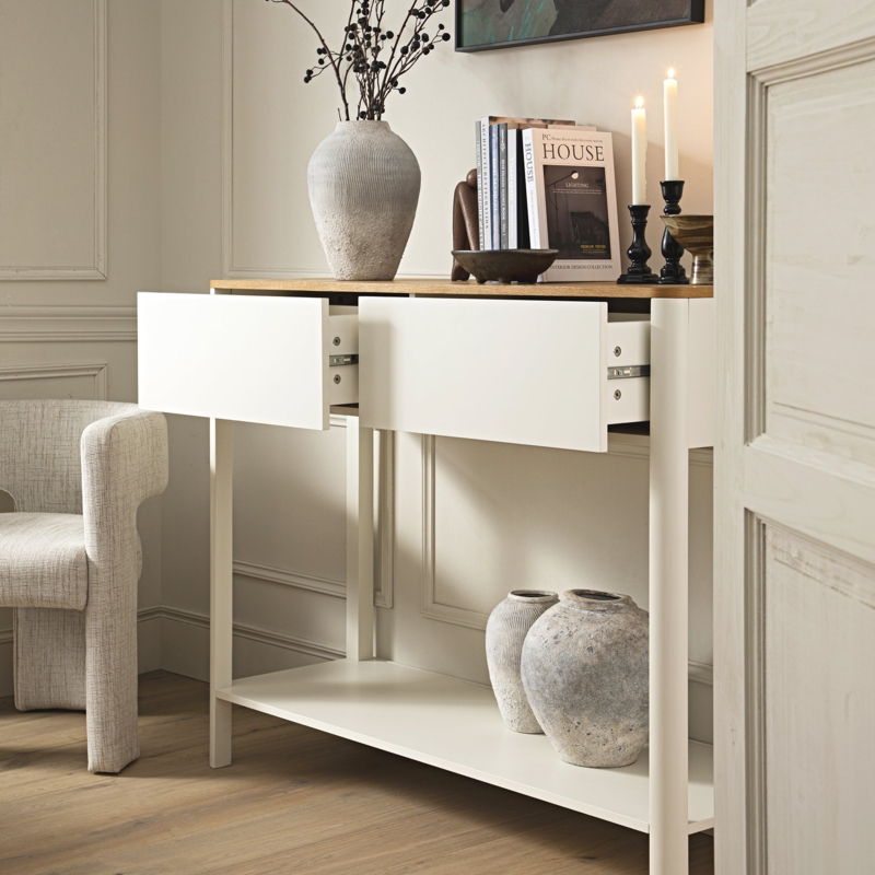 Console Table Oak Top Curved Edge Details Two Drawers Scandi Style