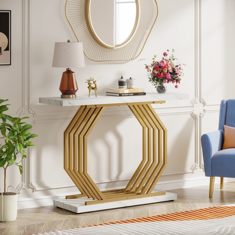 Console Table Octagonal Base Faux Marble Veneer White Luxury Styling