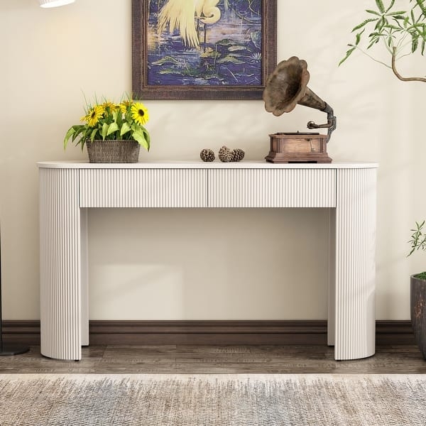 Console Table Off-White Fluted Front Oval Ends Two Drawers