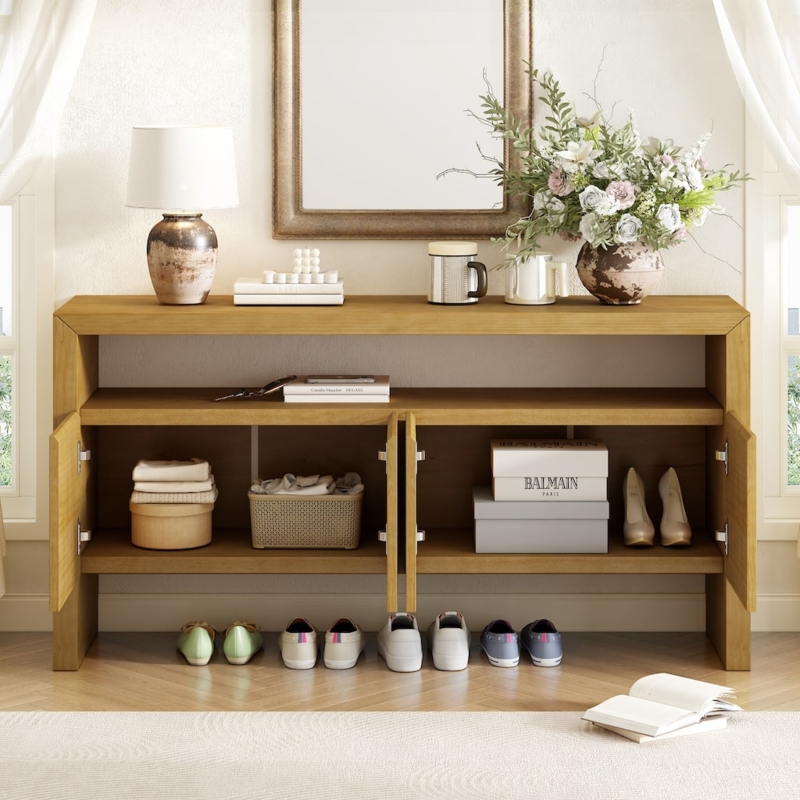 Console Table Open Mid Shelf Integrated Cabinetry Honey Oak