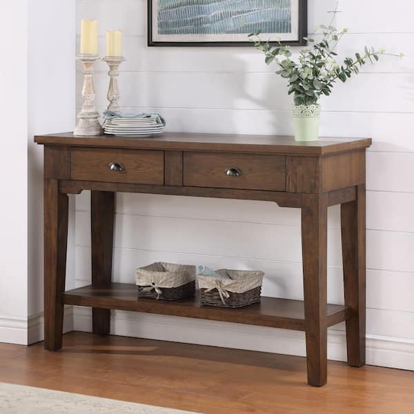 Console Table Open Shelf Two Drawers Cup Pulls Farmhouse Warm