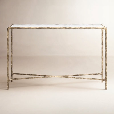 Console Table Organic Modern Bark Textured Frame Antique Gold Slim Legs