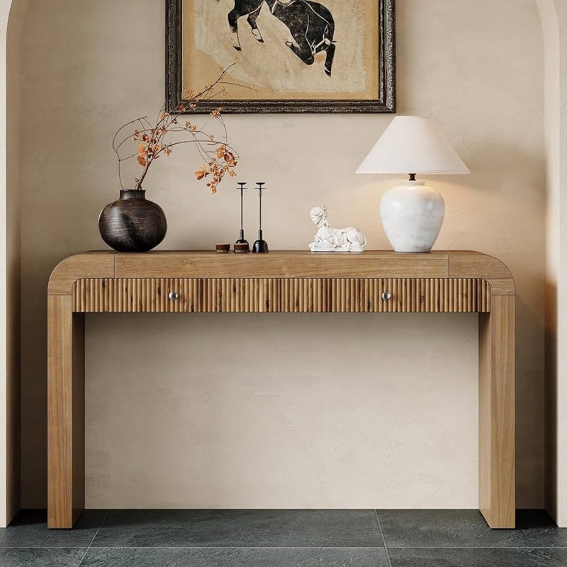 Console Table Organic Modern Fluted Drawer Curved Wood